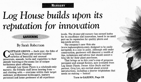 Reputation for Innovation article about Log House Plants